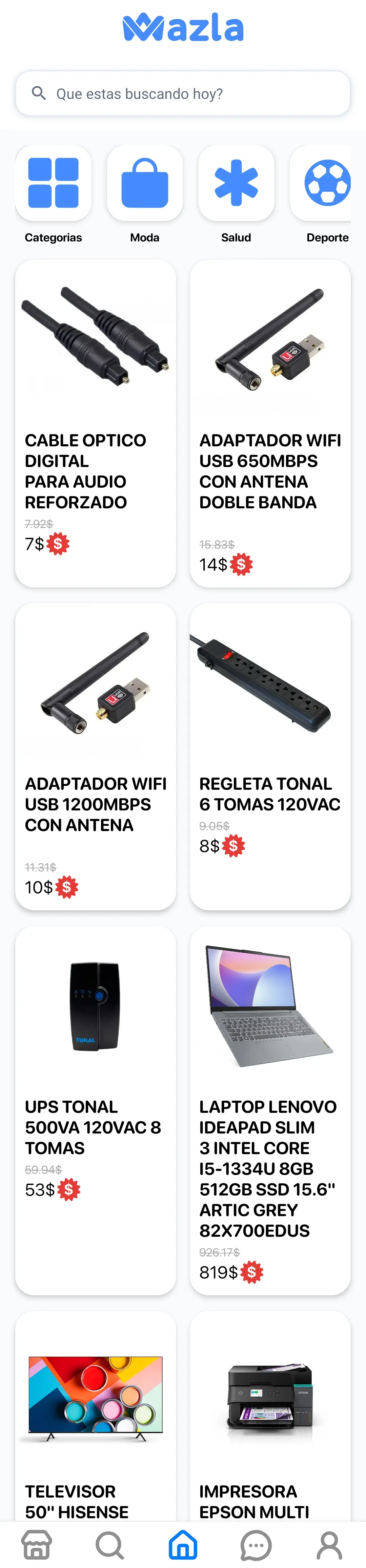 Pantalla de inicio de Mazla con productos reales y sus precios publicados
