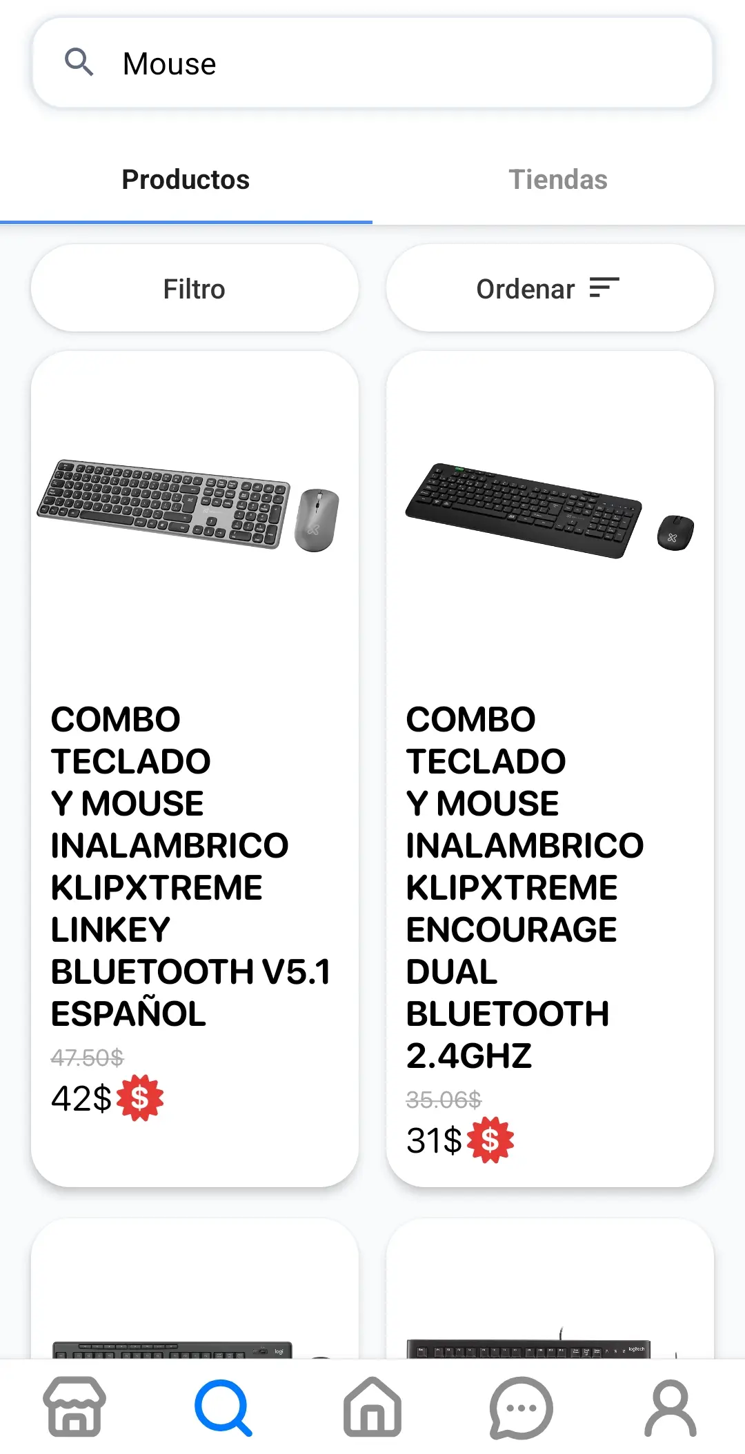 Búsqueda en Mazla: resultados de productos con precio visible y pestañas de Productos y Tiendas